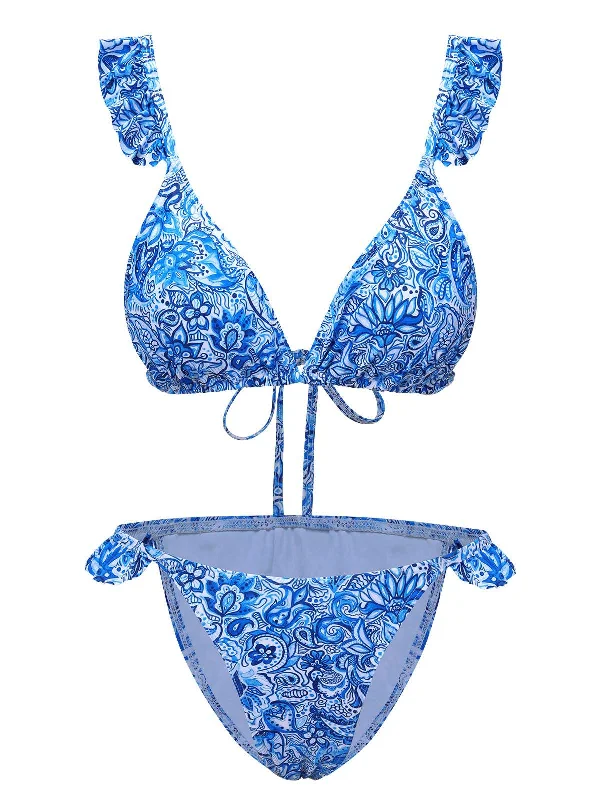 Blue 1950s Paisley Print Ruffle Trim Triangle Bikini Swimsuit