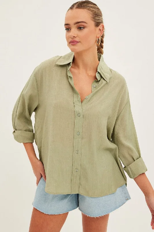 Green Textured Shirt Long Sleeve Collared Dapper Women's 1920S