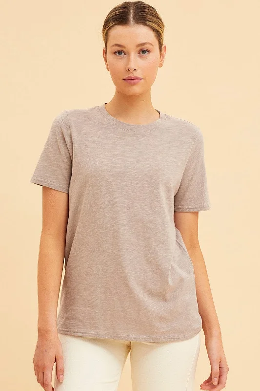 Brown Cotton T-Shirt Slub Crew Neck Regular Fit French