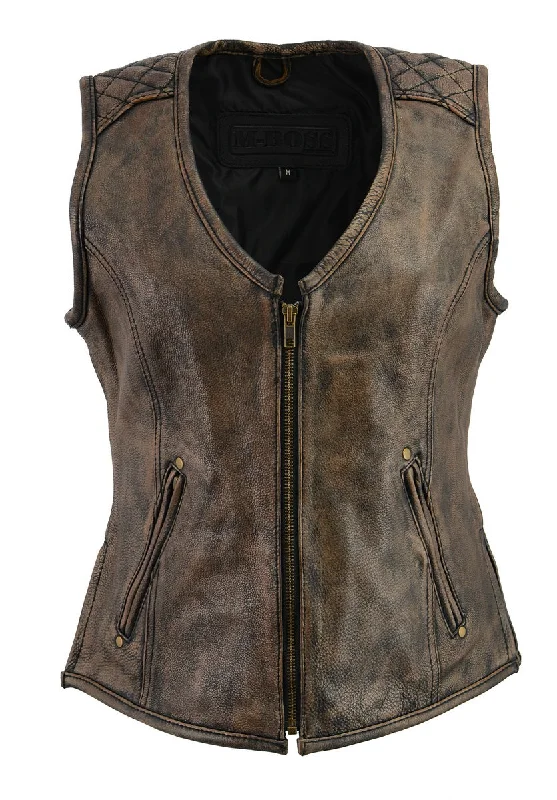 M Boss Motorcycle Apparel BOS24501 Women's Black and Beige Leather Plain Side Motorcycle Biker Rider Vest