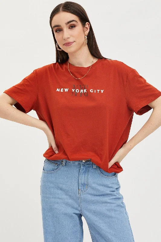 Brown Graphic T Shirt Short Sleeve Polished Women's Silk