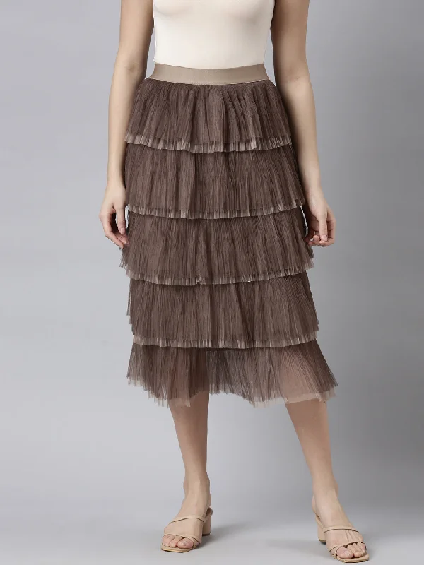 Women Solid Brown Tiered Midi Skirt