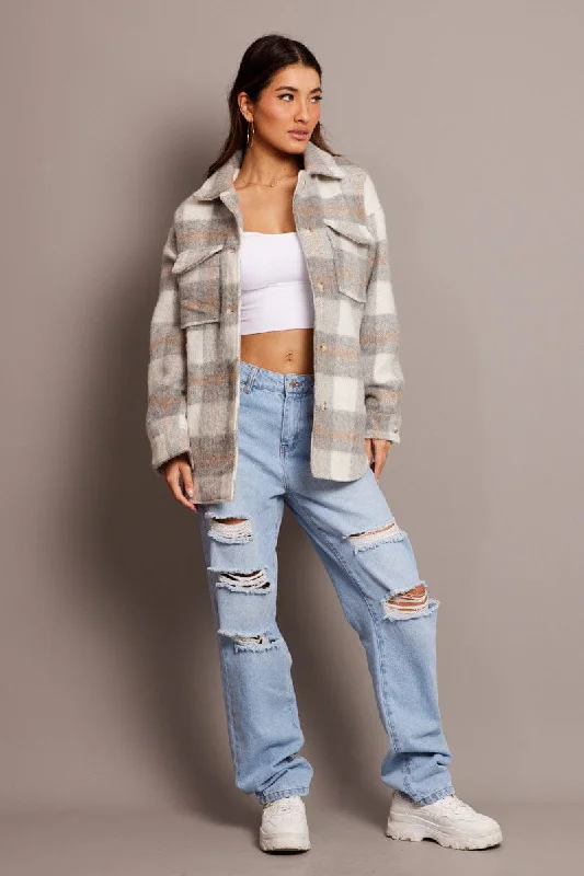Grey Check Check Shacket Long Sleeve Modern Women's 