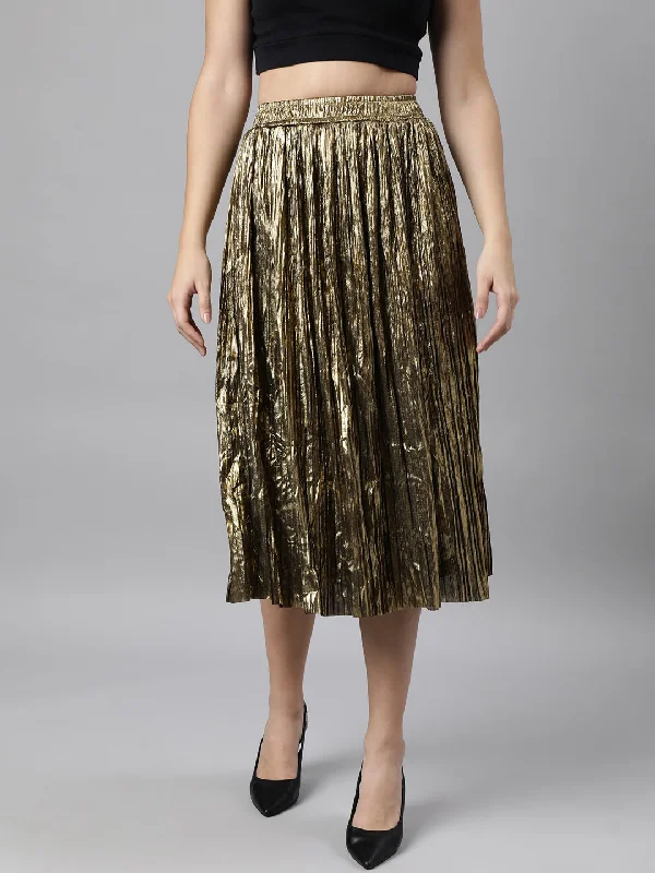 Women Solid Flared Gold Midi Skirt