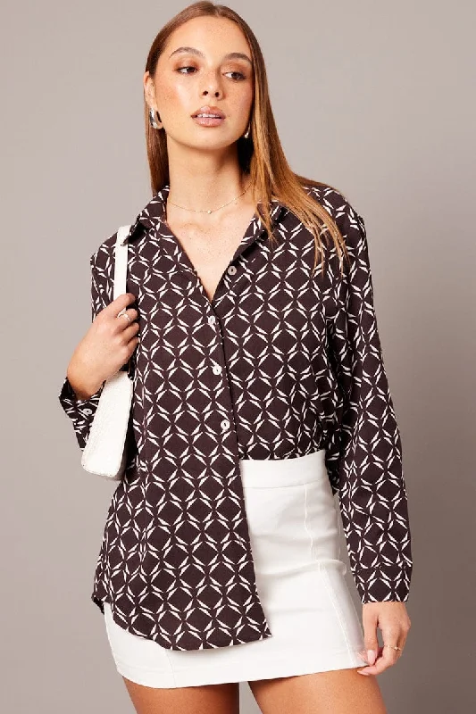 Brown Geo Relaxed Shirt Long Sleeve Monochromatic All - in - one
