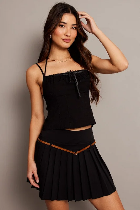 Black Cami Top Sleeveless Ruched Ribbon Rugged Women's Outdoor 