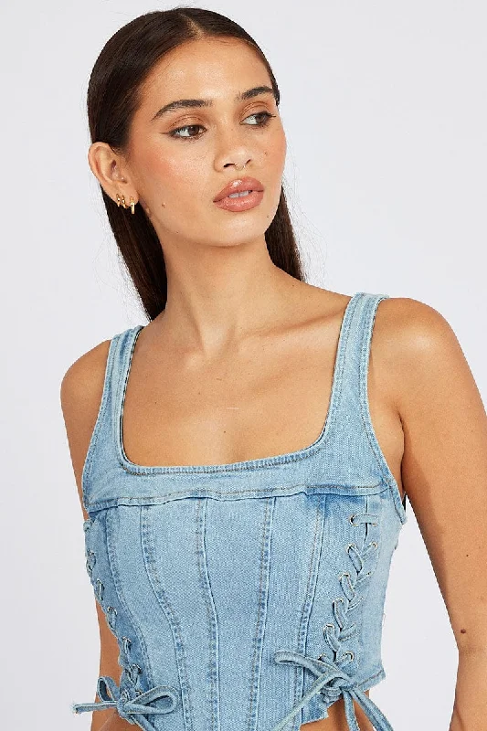 Denim Corset Sleeveless Scoop Neck Lace Up Stretch Cool Women's Skate