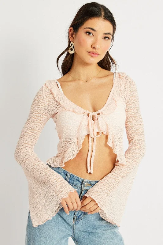 Pink Tie Front Frill Top Long Sleeve Lace Disco