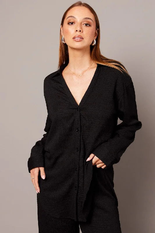 Black Textured Shirt Long Sleeve Confident Women's High - fashion