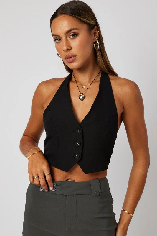 Black Vest Top Halter Neck Button Top Monochromatic Office Style