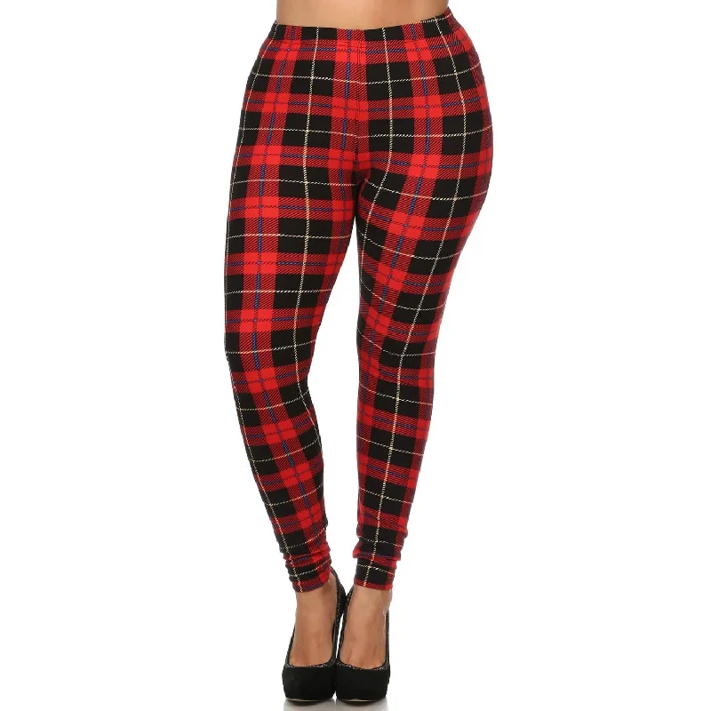 Plus Size Plaid & Checkered Print, Full Length Leggings In A Fitted Style