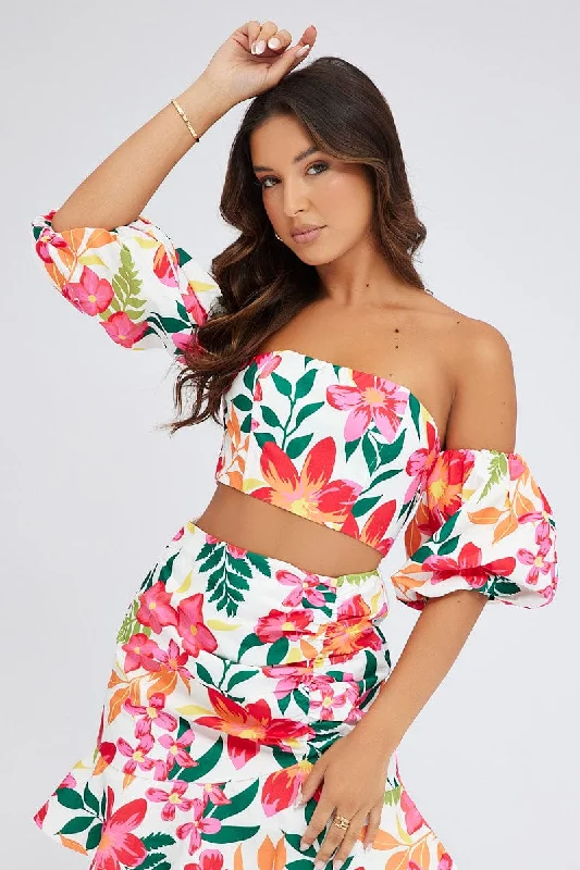 Multi Floral Crop Top Balloon Sleeve Corset Top Polished Women's Silk