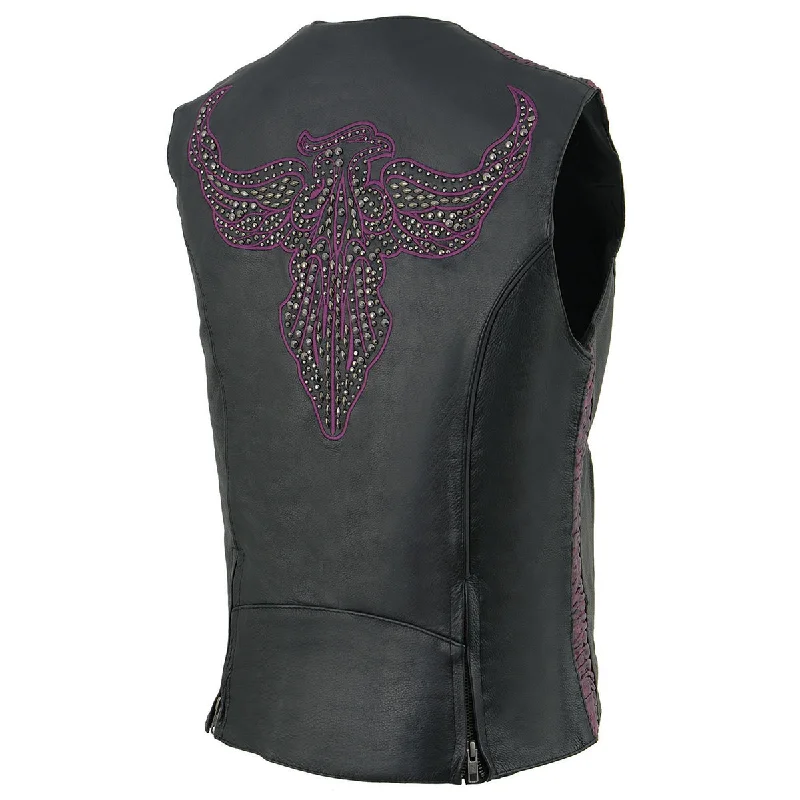 Milwaukee Leather MLL4570 Women's Studded Phoenix Black/Purple Leather Motorcycle Vest w/ Embroidery Art