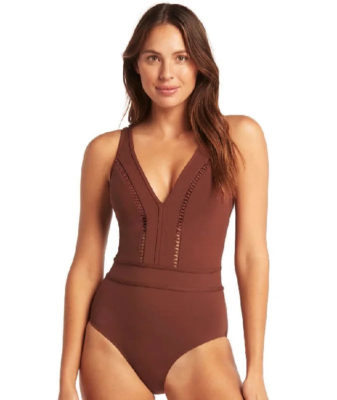 Sea Level Lola Shimmer Spliced Plunge with Ladder Lace One Piece Swimsuit - Cinnamon