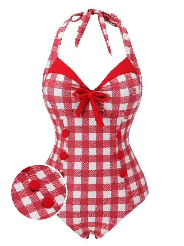 Red 1950s Plaids Added Bowknot Swimsuit