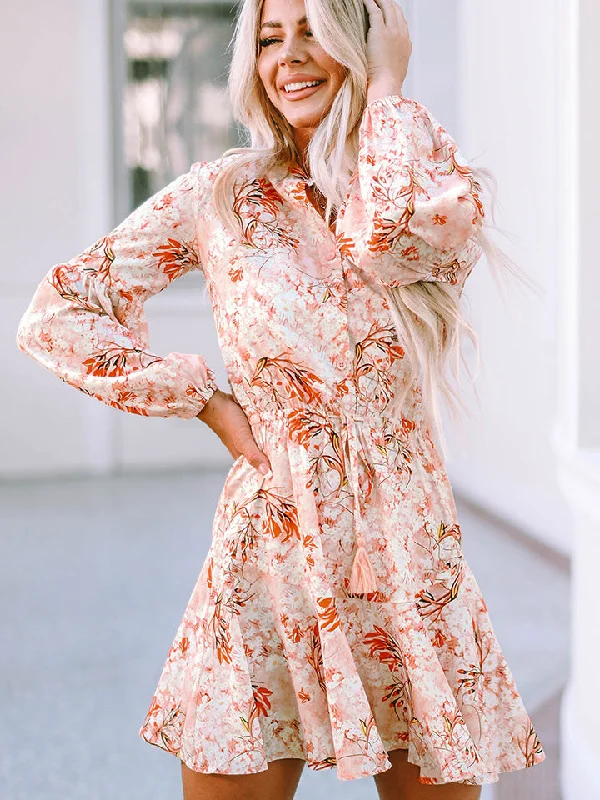 Printed Button-Up Long Sleeve Dress