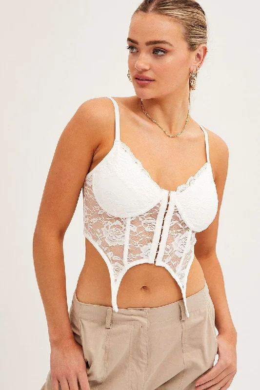 White Corset Top Sleeveless Sweetheart Crop Garter Lace Unique Women's Upcycled