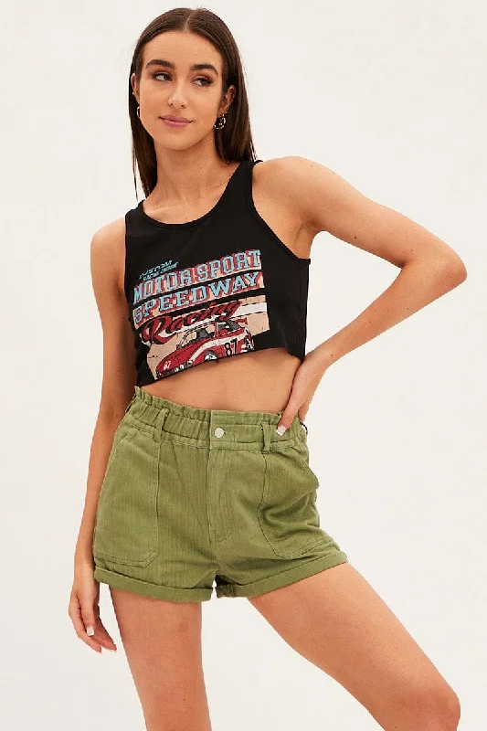 Black Tank Top Vintage Race Car Crop Raw Hem Traditional Women's 