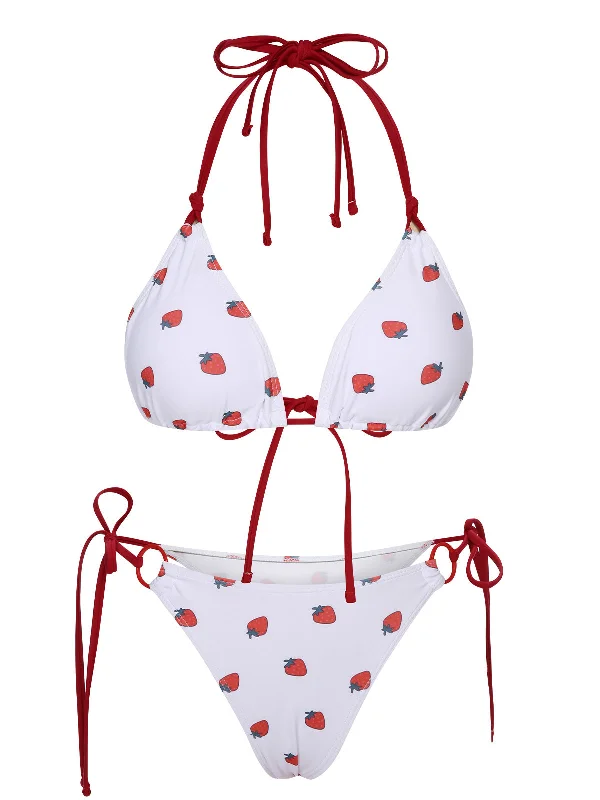 White 1960s Strawberry Lace-Up Halter Bikini Set