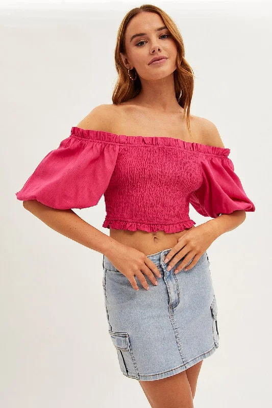 Pink Shirred Top Volume Short Sleeve Crop Linen Blend Dynamic Women's Moto