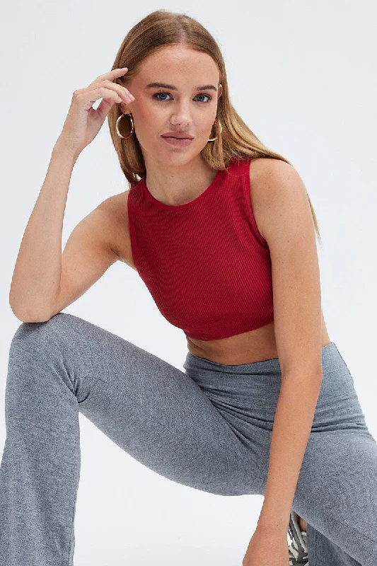 Red Crop Tank Top Crew Neck Seamless Vintage Women's 1970S 