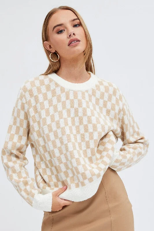 Beige Check Knit Jumper Long Sleeve Disco