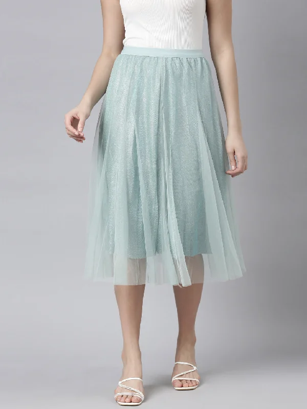 Women Solid Sea Green Flared Midi Sheer Skirt