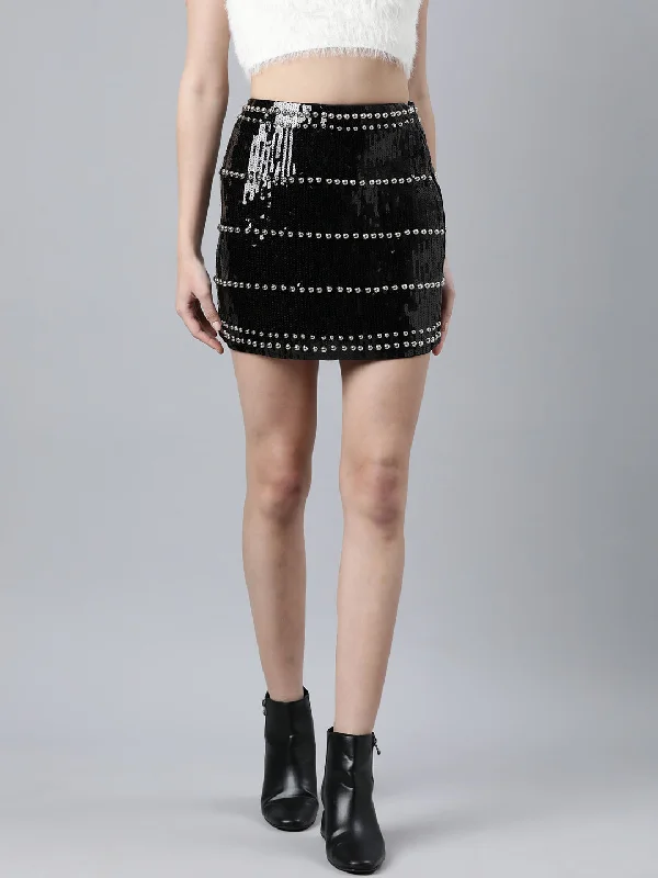 Women Embellished A-Line Black Mini Skirt