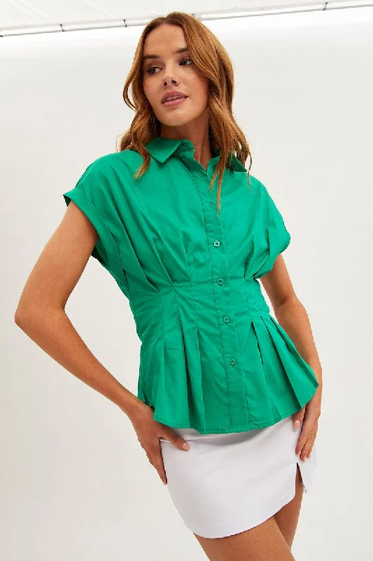 Green Shirt Short Sleeve Collared Gathered Bust Classic Women's Pin - striped