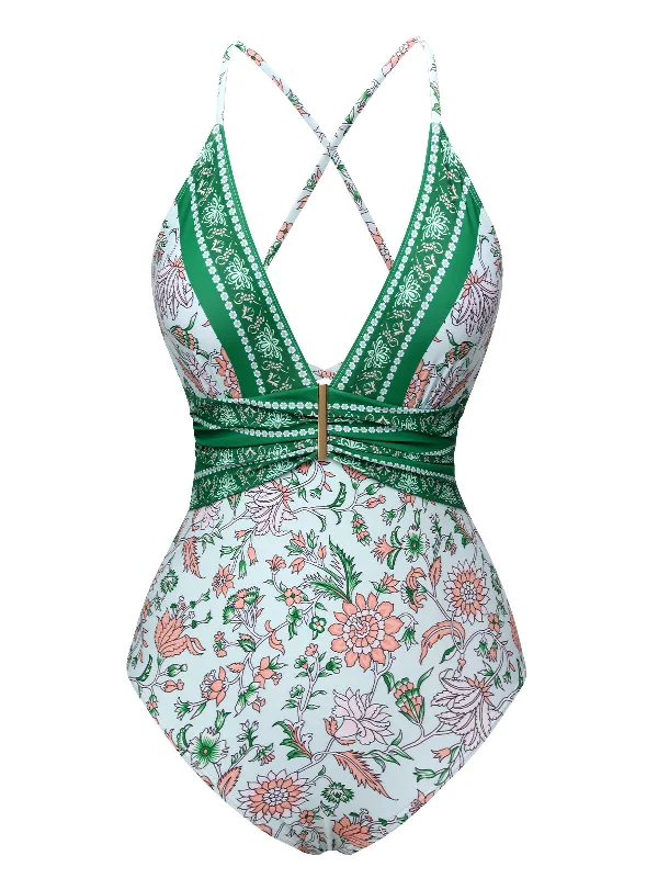 Green 1950s Floral Spaghetti Strap Swimsuit