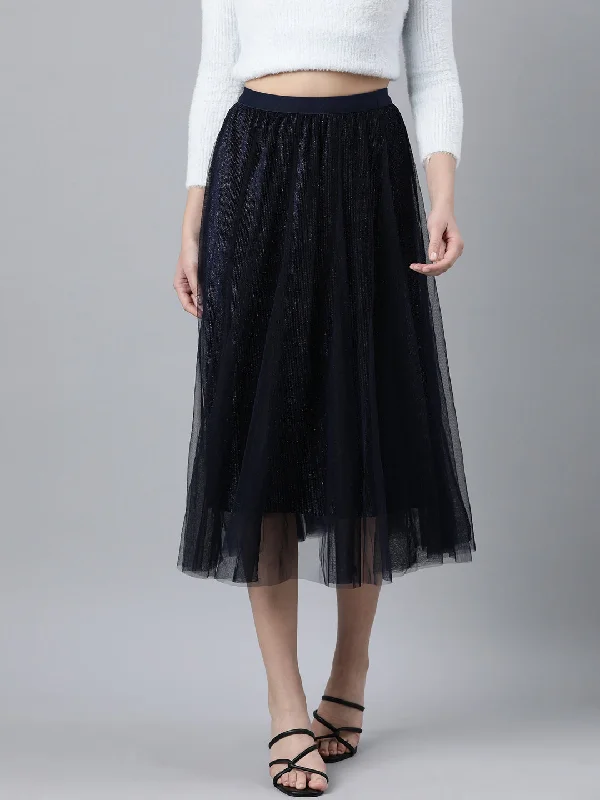 Women Solid Navy Blue Flared Midi Skirt