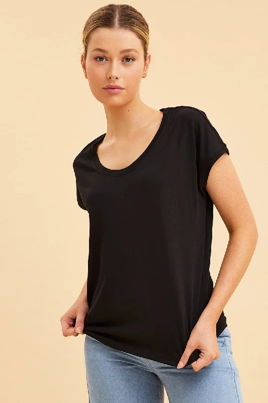 Black Relaxed T-Shirt Scoop Neck Drop Shoulder Dynamic Women's Moto