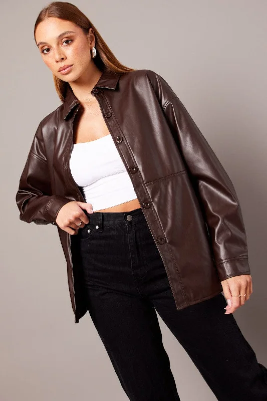 Brown Faux Leather Shacket Long Sleeves Sharp Women's Italian