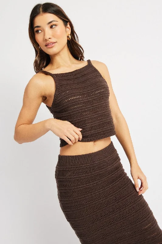 Brown Crochet Knit Tank Top Artistic Women's Hand - painted