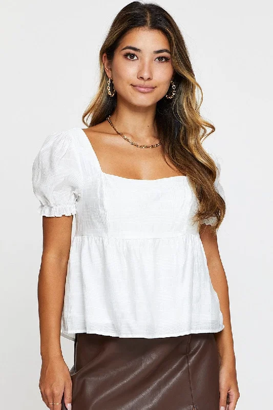 White Peplum Top Short Sleeve Sophisticated Women's Tailored