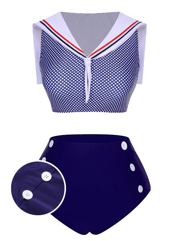 Dark Blue 1940s Dots Sailor Collar Swimsuit