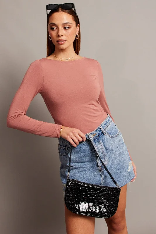 Pink Top Long Sleeve Boat Neck Modal Stylish Women's Tropical 