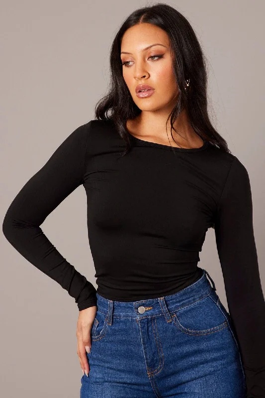 Black Fleece Lined Top Long Sleeve Crew Neck Compression
