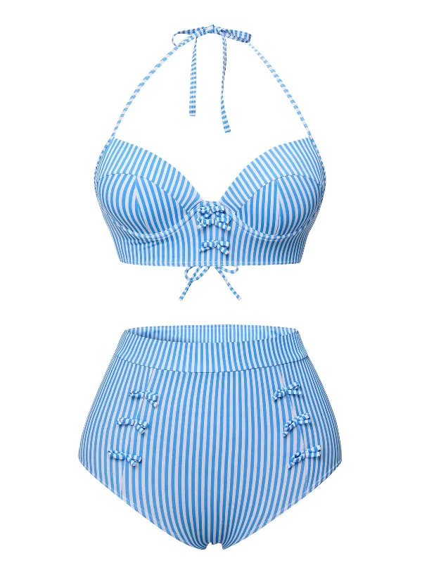 Blue 1950s Halter Bow Stripes Swimsuit