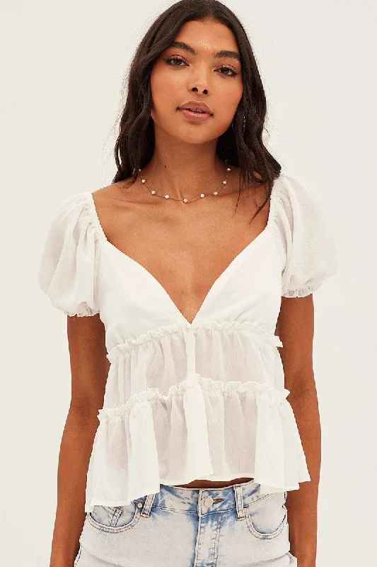 White Ruffle V Neck Puff Sleeve Tiered Top Street