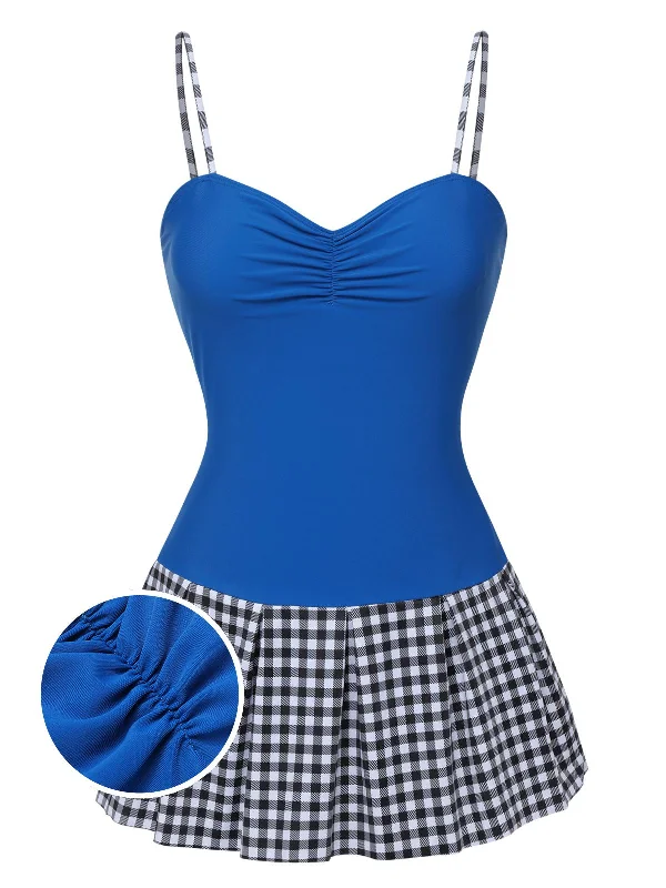 Blue 1960s Plaid Patchwork Strap Swimsuit