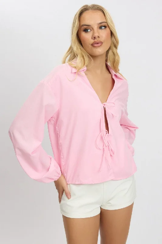 Pink Tie  Up Front Top Long Sleeve Feminine Women's Style 