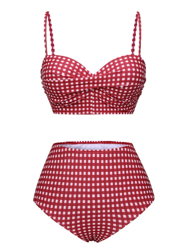 1950s Gingham Plaid Suspender Swimsuit