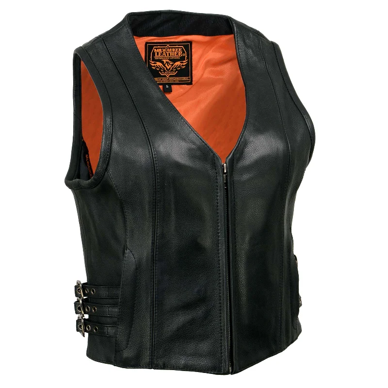 Milwaukee Leather MLL4510 Women's Black Premium Leather Side Buckle Motorcycle Rider Vest with Front Zip Closure