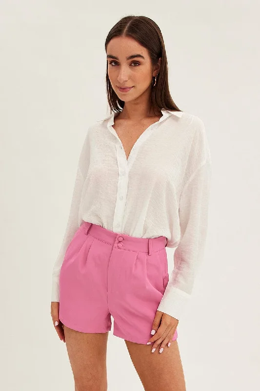 White Textured Shirt Long Sleeve Collared Youthful Women's Anime - inspired