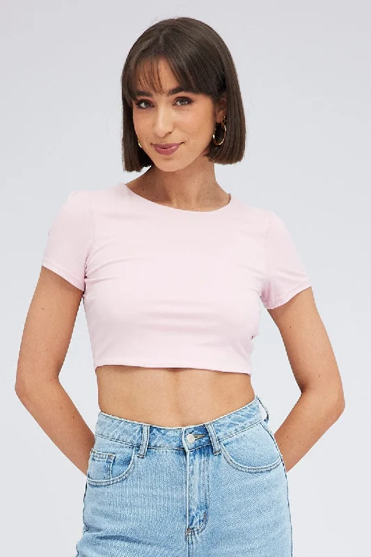 Pink Supersoft Crop Top Short Sleeve Classic Women's Pin - striped
