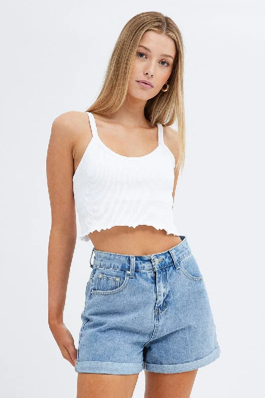 White Crop Singlet Top Round neck Polished Women's Silk