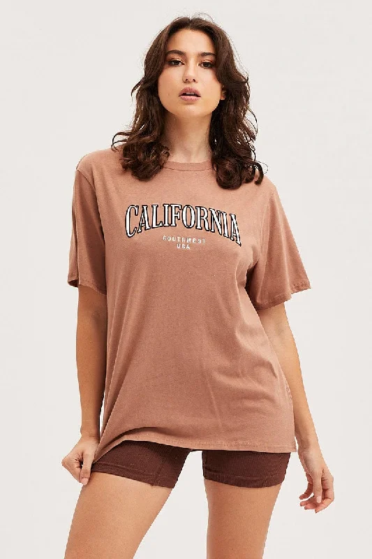 Brown Graphic T Shirt Embroided Laid - back Women's Style