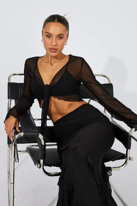 Black Bolero Tie Front Long Sleeve Mesh Dynamic Women's High - energy