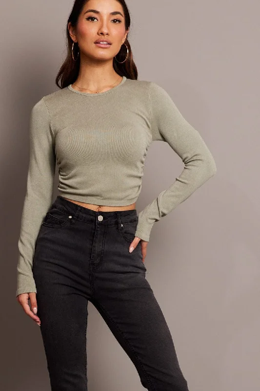 Green Seamless Top Long Sleeve Side Ruched Classic Women's Tweed
